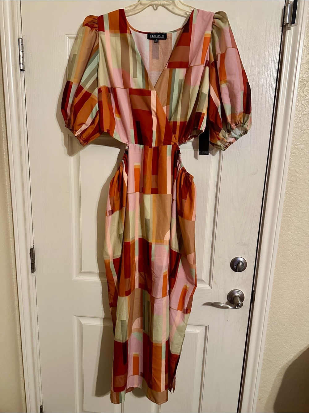 Eloquii Geometric Midi Dress in Pink, Rust & Cream